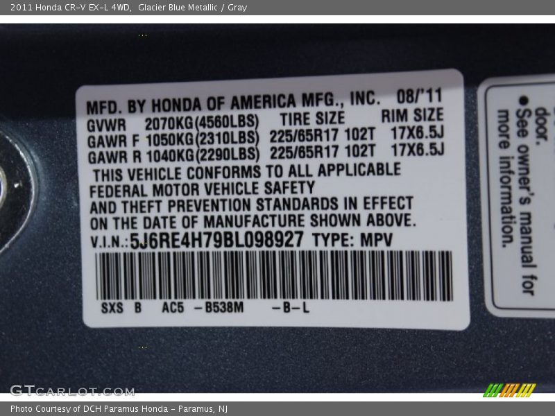 Glacier Blue Metallic / Gray 2011 Honda CR-V EX-L 4WD