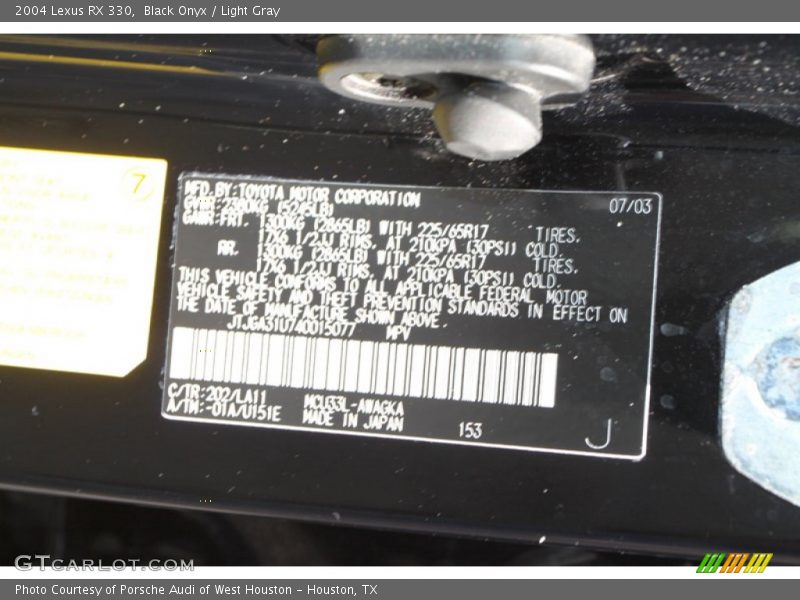 2004 RX 330 Black Onyx Color Code 202