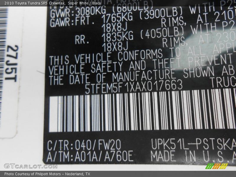 Super White / Black 2010 Toyota Tundra SR5 CrewMax