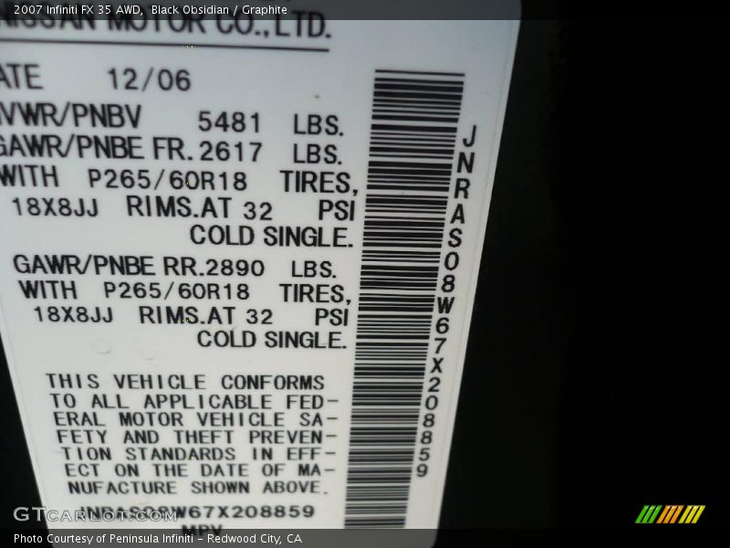 Black Obsidian / Graphite 2007 Infiniti FX 35 AWD