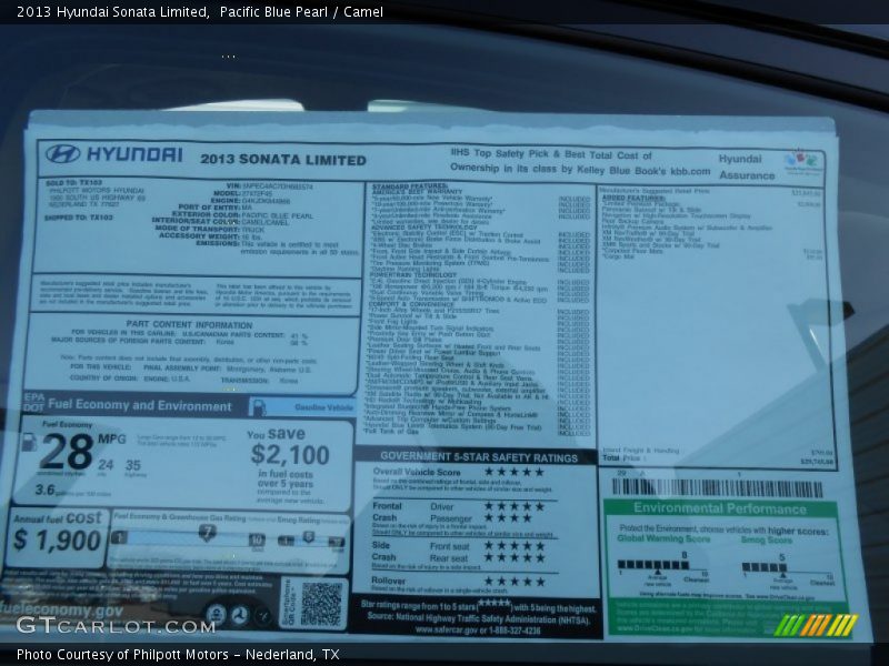 Pacific Blue Pearl / Camel 2013 Hyundai Sonata Limited