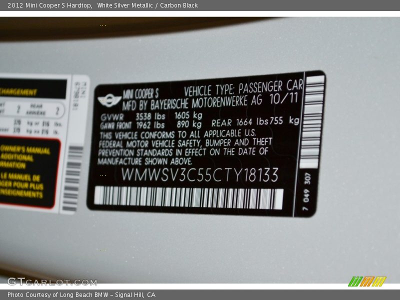 White Silver Metallic / Carbon Black 2012 Mini Cooper S Hardtop