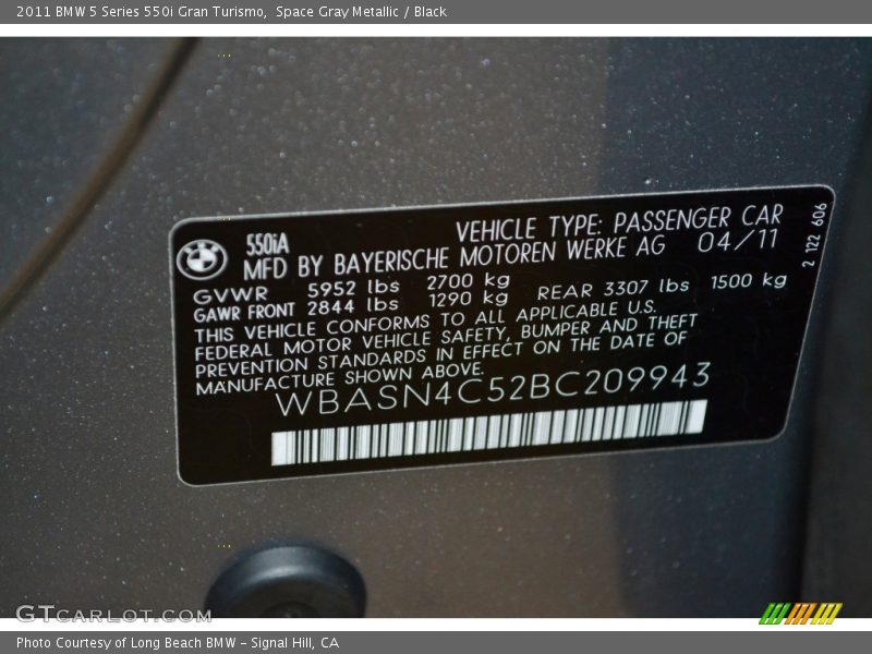 Info Tag of 2011 5 Series 550i Gran Turismo