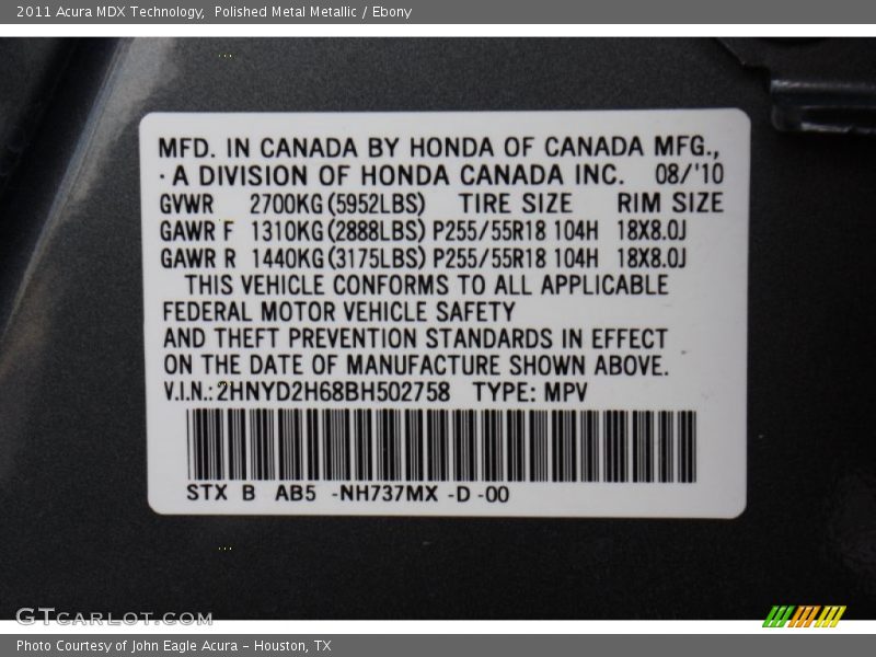 Polished Metal Metallic / Ebony 2011 Acura MDX Technology