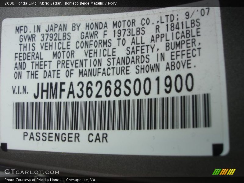 Borrego Beige Metallic / Ivory 2008 Honda Civic Hybrid Sedan