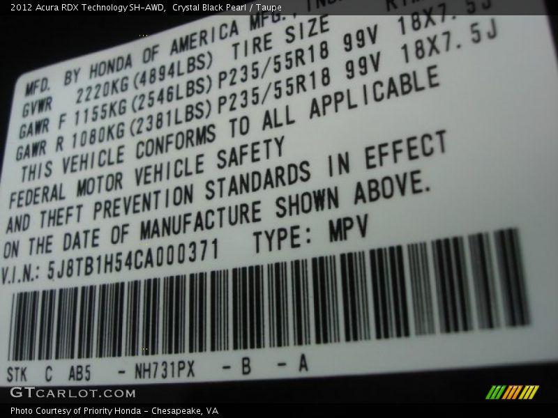 Crystal Black Pearl / Taupe 2012 Acura RDX Technology SH-AWD