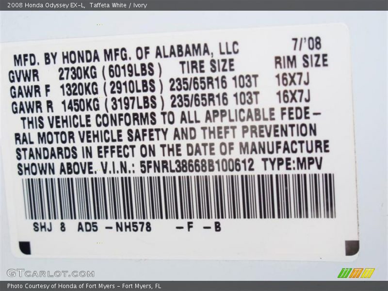 Taffeta White / Ivory 2008 Honda Odyssey EX-L