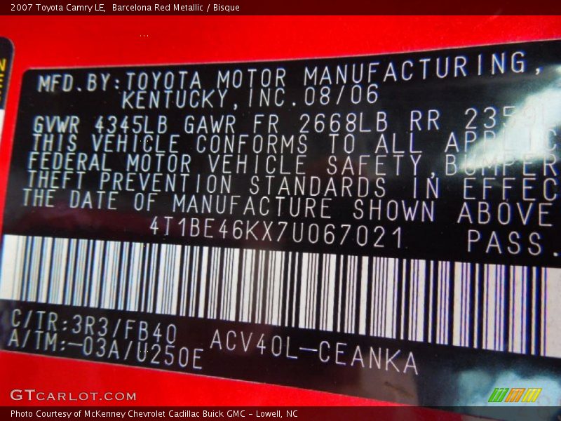 Barcelona Red Metallic / Bisque 2007 Toyota Camry LE