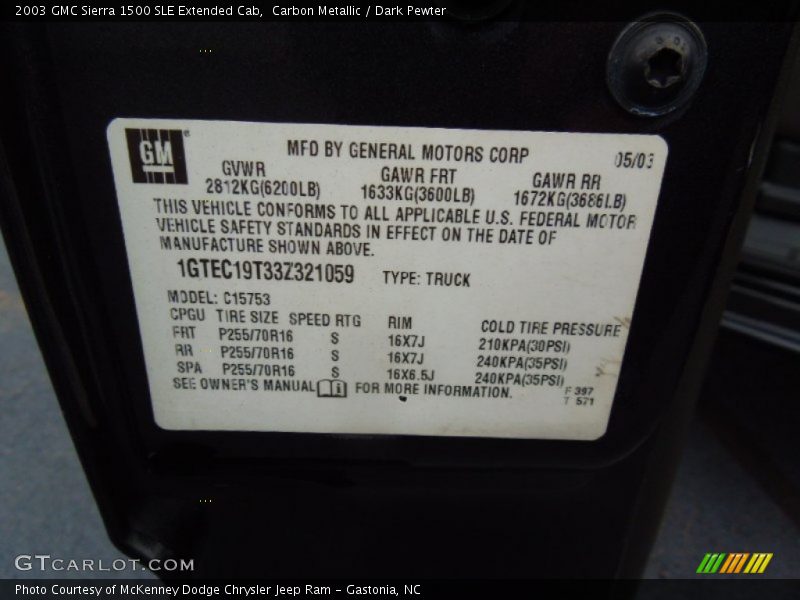Info Tag of 2003 Sierra 1500 SLE Extended Cab