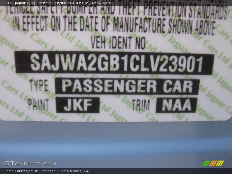 2012 XJ XJL Portfolio Crystal Blue Metallic Color Code JKF