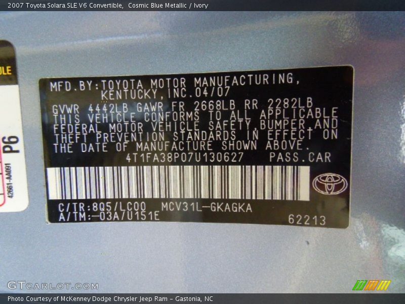 2007 Solara SLE V6 Convertible Cosmic Blue Metallic Color Code 8Q5