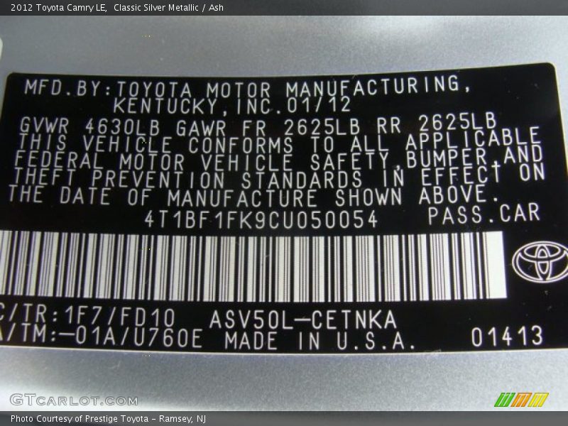 Classic Silver Metallic / Ash 2012 Toyota Camry LE