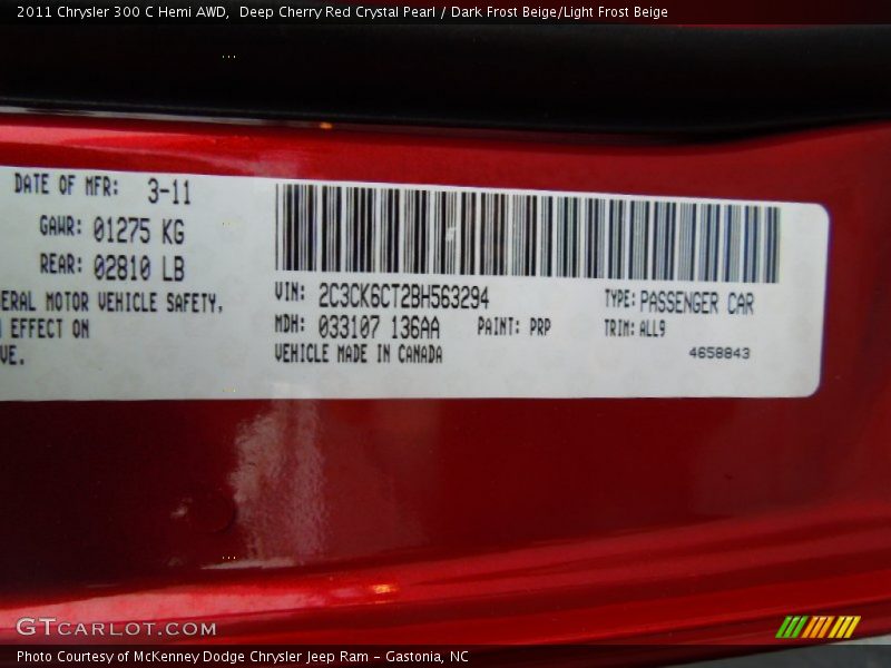 2011 300 C Hemi AWD Deep Cherry Red Crystal Pearl Color Code PRP