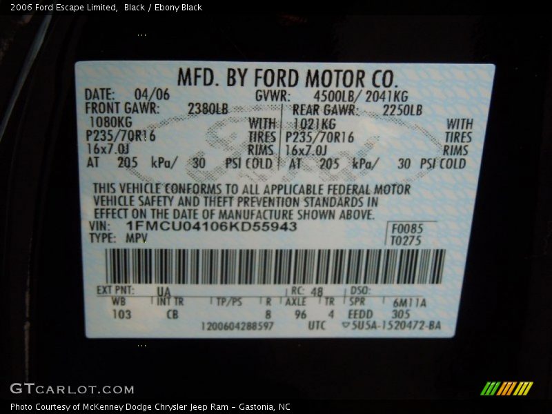 2006 Escape Limited Black Color Code UA
