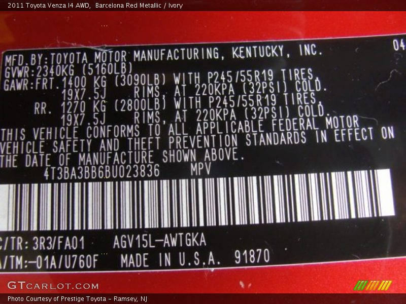 Barcelona Red Metallic / Ivory 2011 Toyota Venza I4 AWD