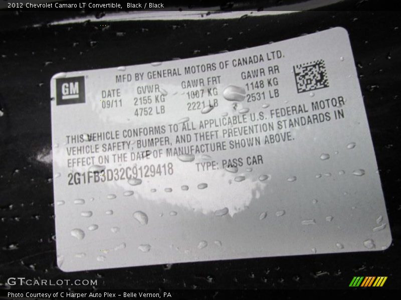 Black / Black 2012 Chevrolet Camaro LT Convertible