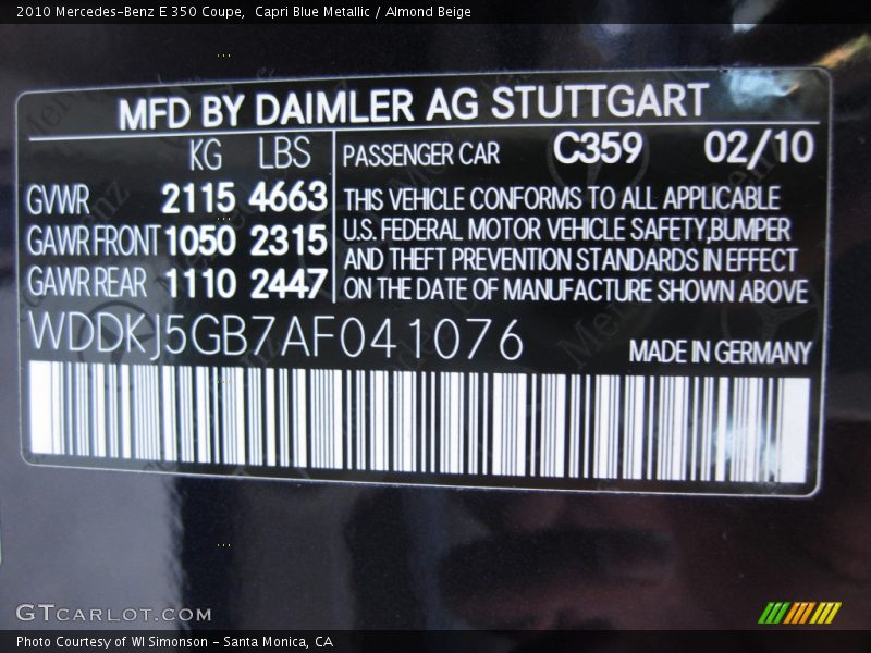 2010 E 350 Coupe Capri Blue Metallic Color Code 359
