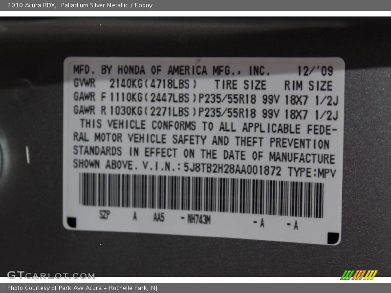 Palladium Silver Metallic / Ebony 2010 Acura RDX