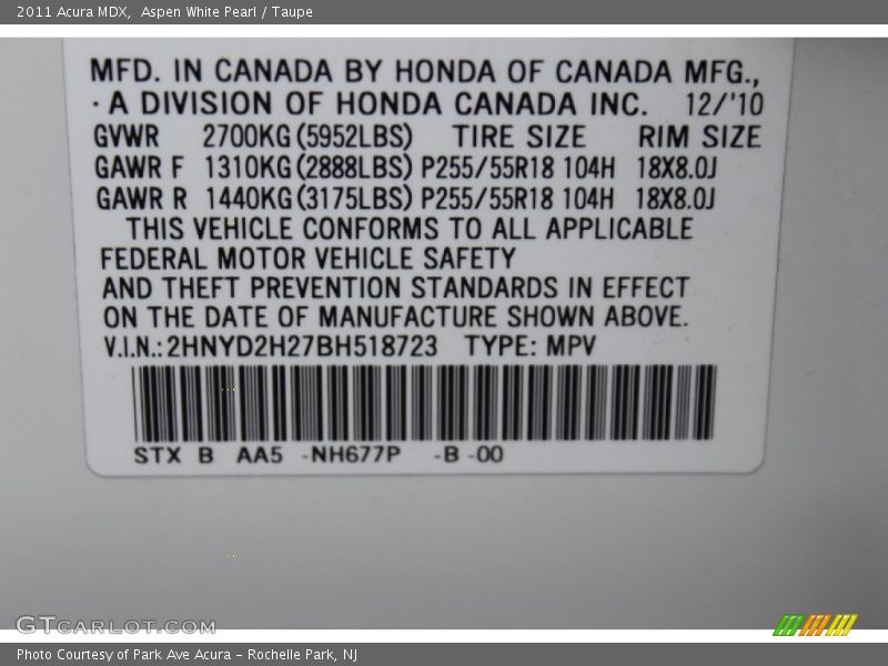 Aspen White Pearl / Taupe 2011 Acura MDX