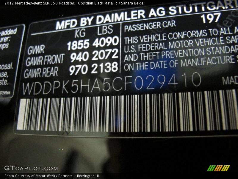 2012 SLK 350 Roadster Obsidian Black Metallic Color Code 197