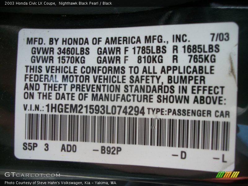 Nighthawk Black Pearl / Black 2003 Honda Civic LX Coupe