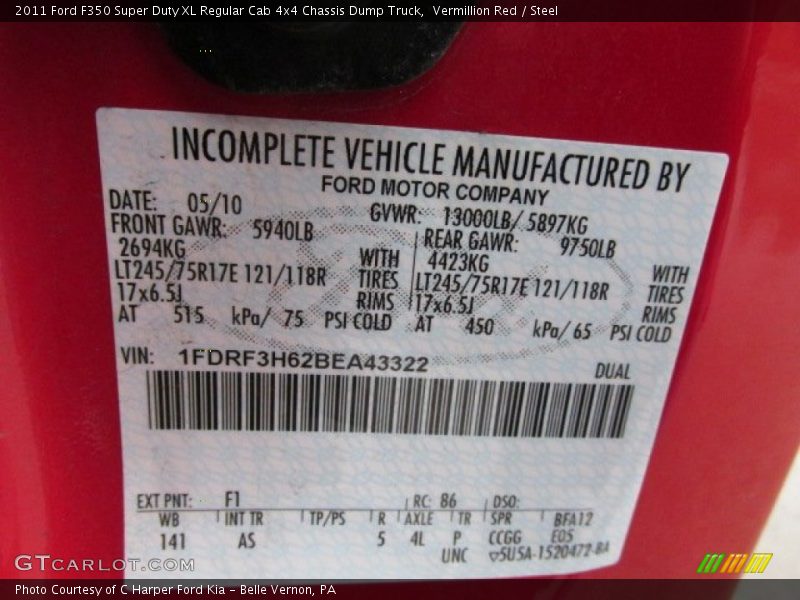 2011 F350 Super Duty XL Regular Cab 4x4 Chassis Dump Truck Vermillion Red Color Code F1