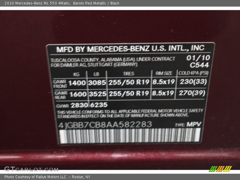 2010 ML 550 4Matic Barolo Red Metallic Color Code 544