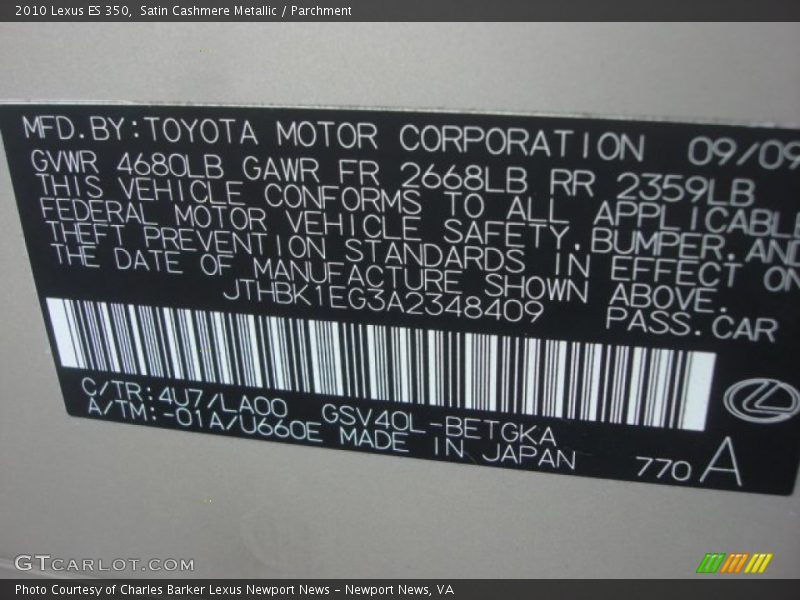 Satin Cashmere Metallic / Parchment 2010 Lexus ES 350