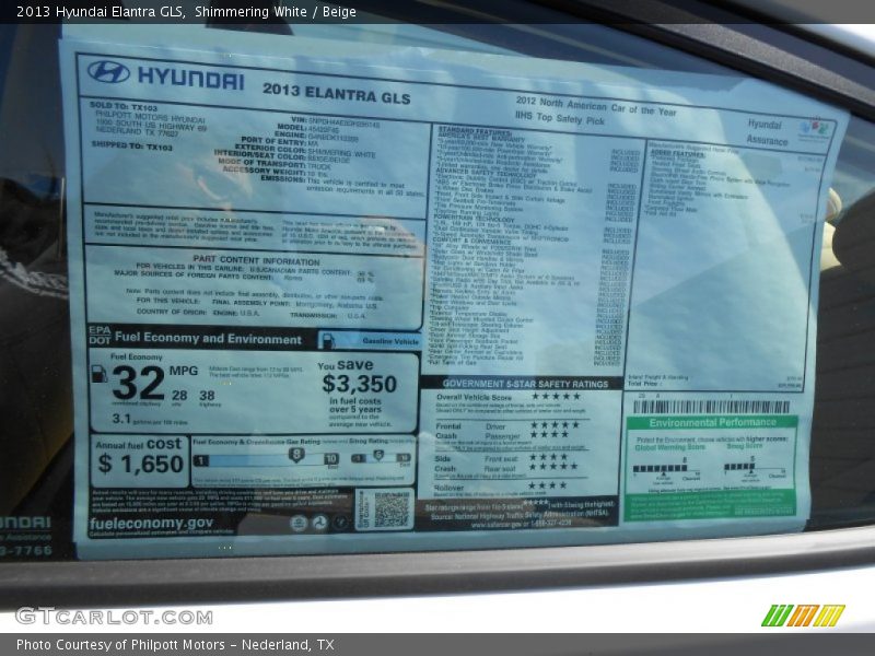 Shimmering White / Beige 2013 Hyundai Elantra GLS