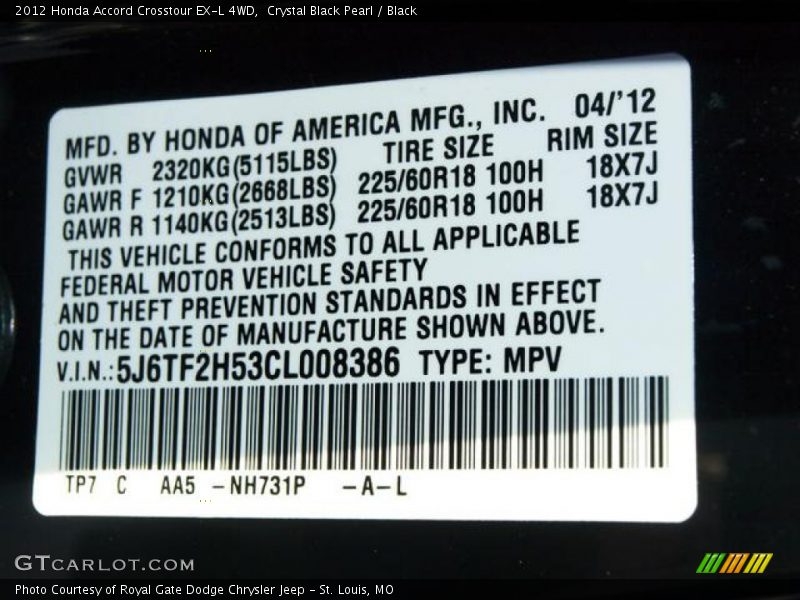 Crystal Black Pearl / Black 2012 Honda Accord Crosstour EX-L 4WD