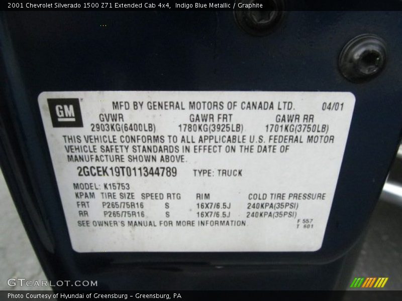 Info Tag of 2001 Silverado 1500 Z71 Extended Cab 4x4