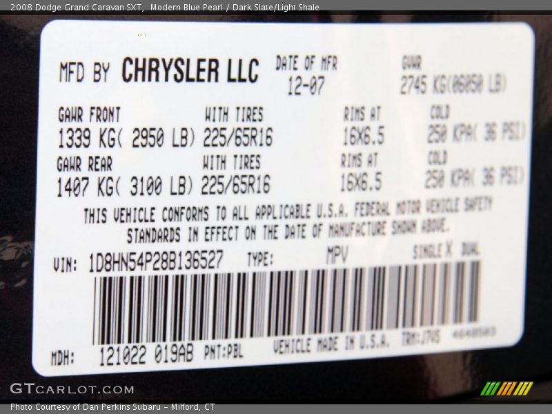 2008 Grand Caravan SXT Modern Blue Pearl Color Code PBL