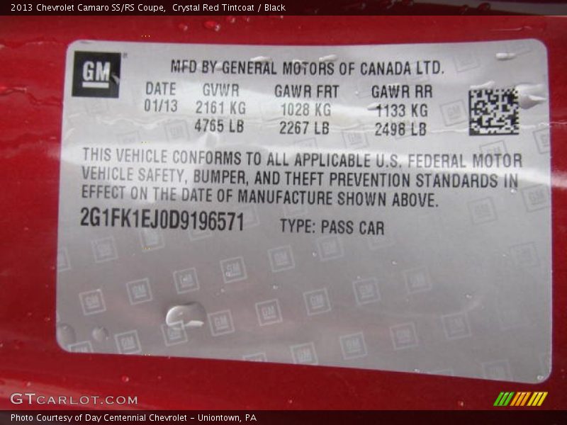 Info Tag of 2013 Camaro SS/RS Coupe