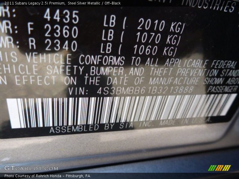 Steel Silver Metallic / Off-Black 2011 Subaru Legacy 2.5i Premium