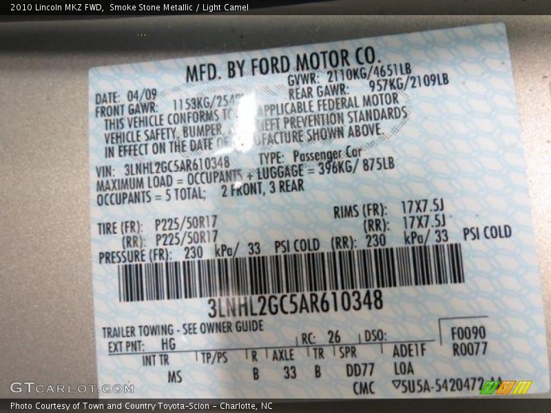 2010 MKZ FWD Smoke Stone Metallic Color Code HG
