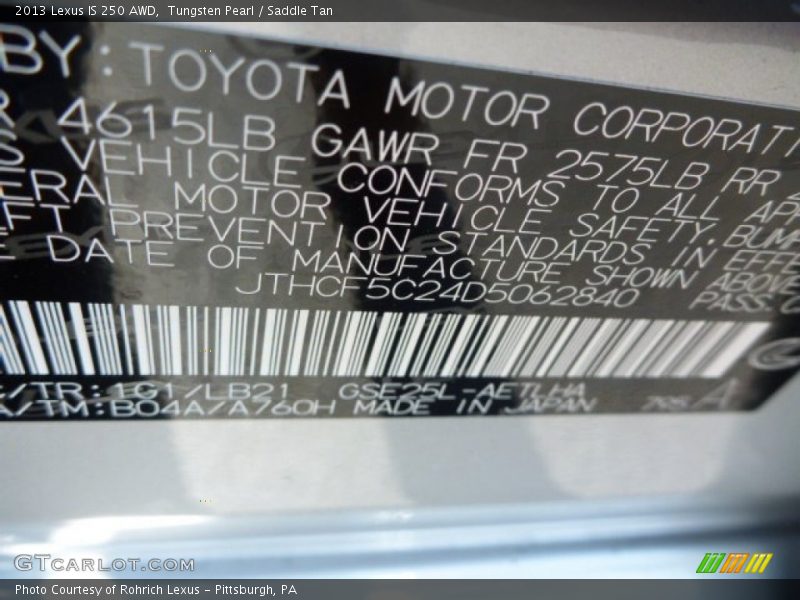 Tungsten Pearl / Saddle Tan 2013 Lexus IS 250 AWD