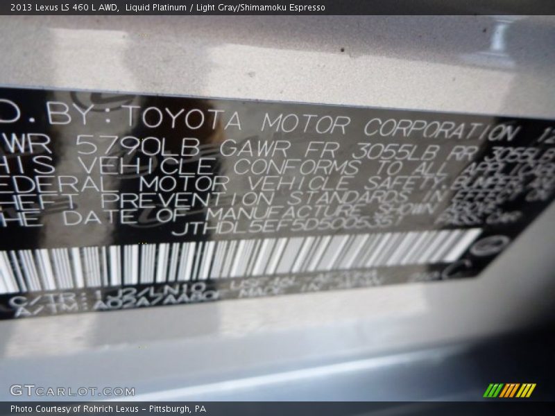 2013 LS 460 L AWD Liquid Platinum Color Code 1J2