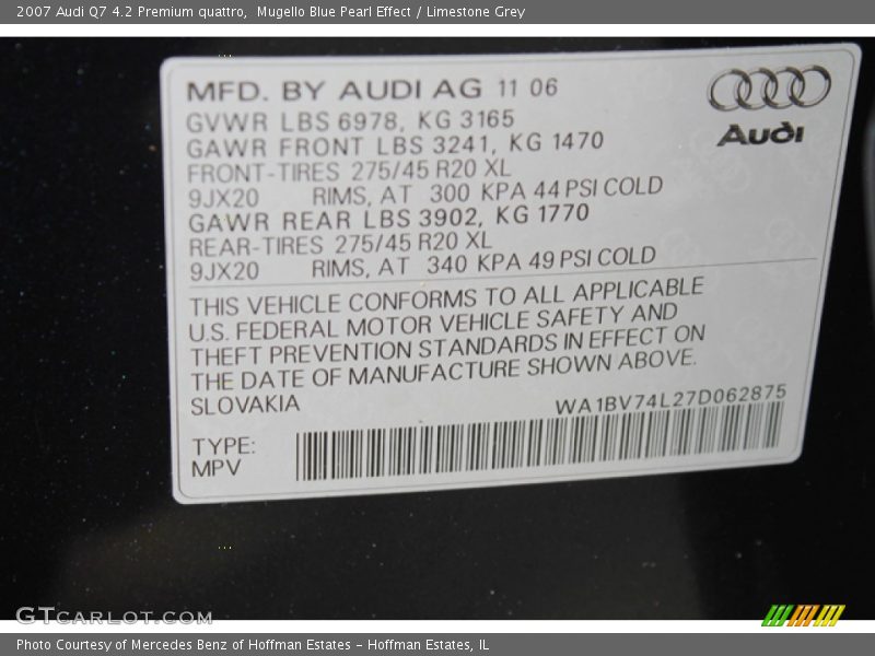 Mugello Blue Pearl Effect / Limestone Grey 2007 Audi Q7 4.2 Premium quattro