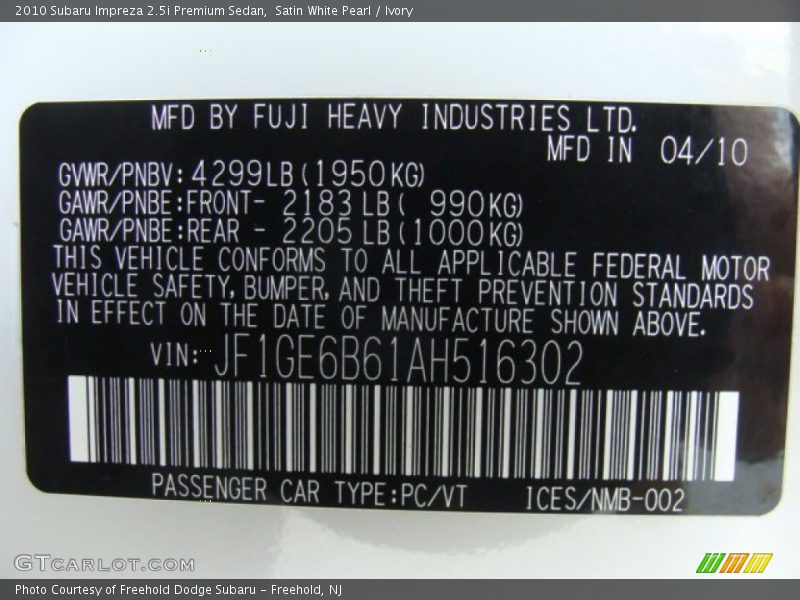 Satin White Pearl / Ivory 2010 Subaru Impreza 2.5i Premium Sedan