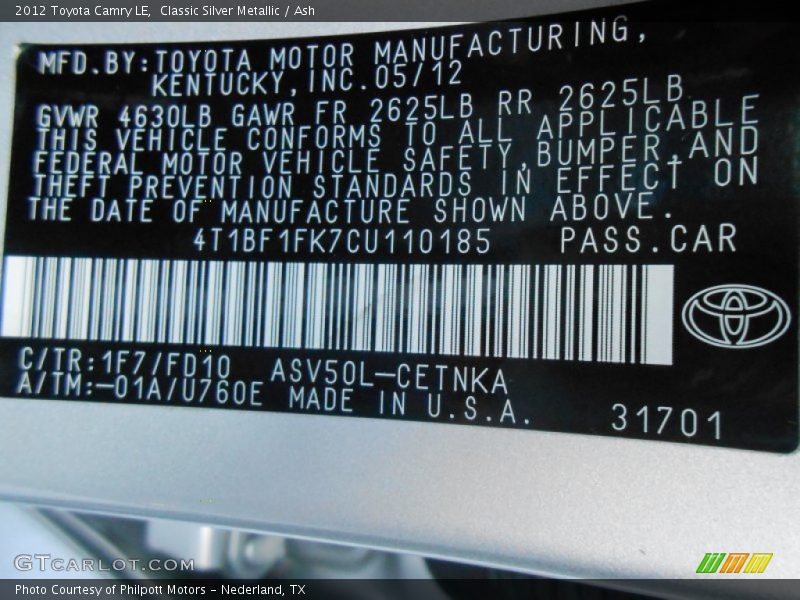 Classic Silver Metallic / Ash 2012 Toyota Camry LE
