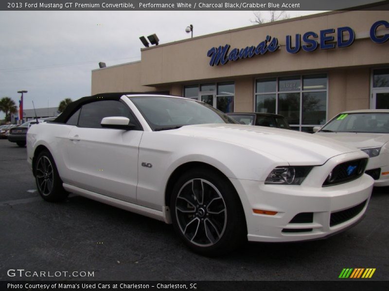 Performance White / Charcoal Black/Grabber Blue Accent 2013 Ford Mustang GT Premium Convertible
