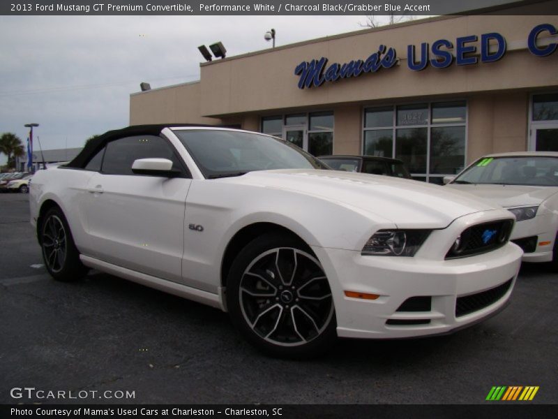 Performance White / Charcoal Black/Grabber Blue Accent 2013 Ford Mustang GT Premium Convertible