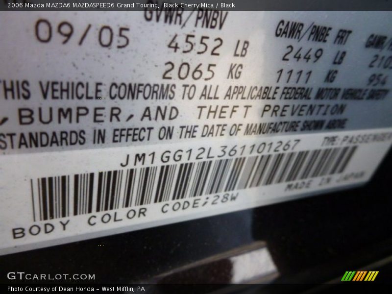 2006 MAZDA6 MAZDASPEED6 Grand Touring Black Cherry Mica Color Code 28W
