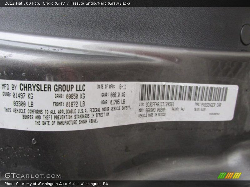 Grigio (Grey) / Tessuto Grigio/Nero (Grey/Black) 2012 Fiat 500 Pop