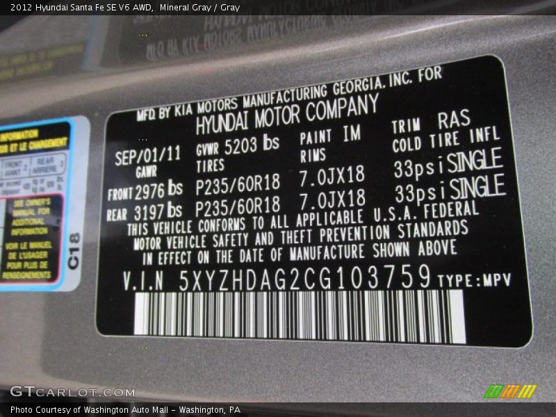 2012 Santa Fe SE V6 AWD Mineral Gray Color Code IM