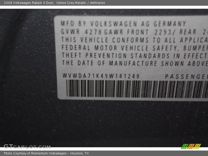 United Grey Metallic / Anthracite 2009 Volkswagen Rabbit 4 Door