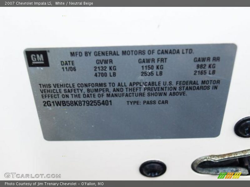 White / Neutral Beige 2007 Chevrolet Impala LS