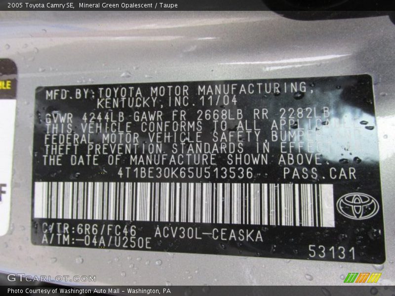 2005 Camry SE Mineral Green Opalescent Color Code 6R6