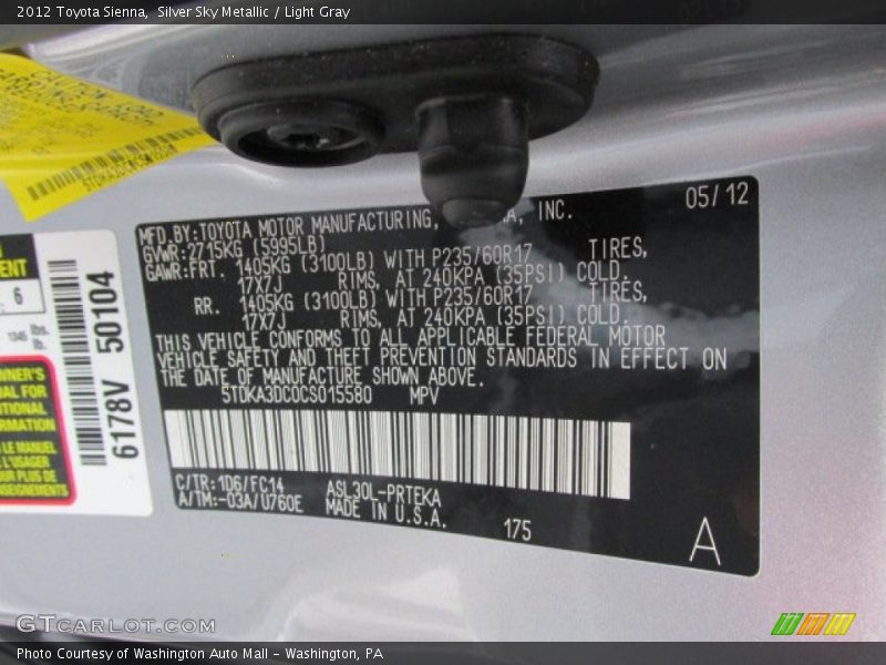 Silver Sky Metallic / Light Gray 2012 Toyota Sienna