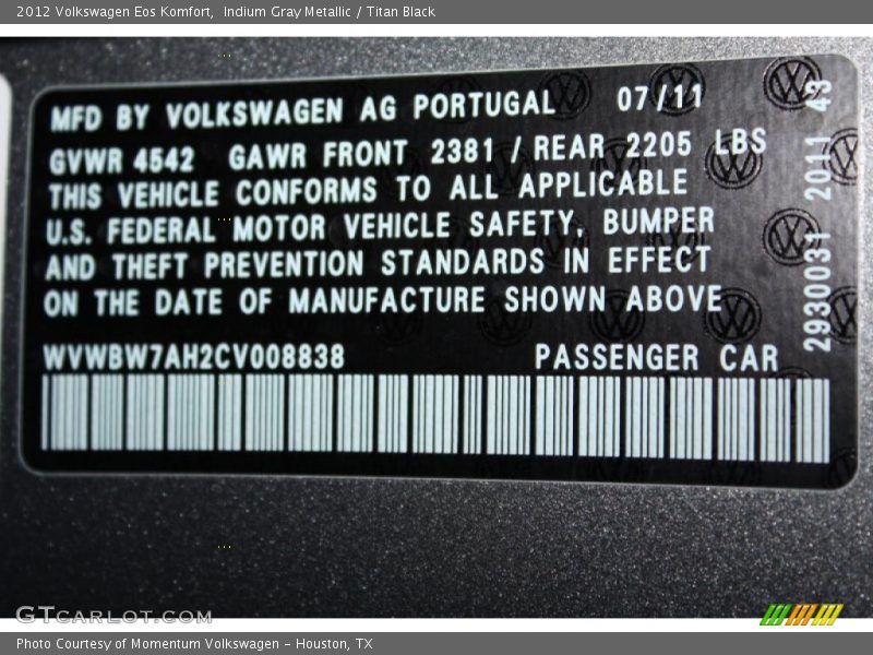 Indium Gray Metallic / Titan Black 2012 Volkswagen Eos Komfort